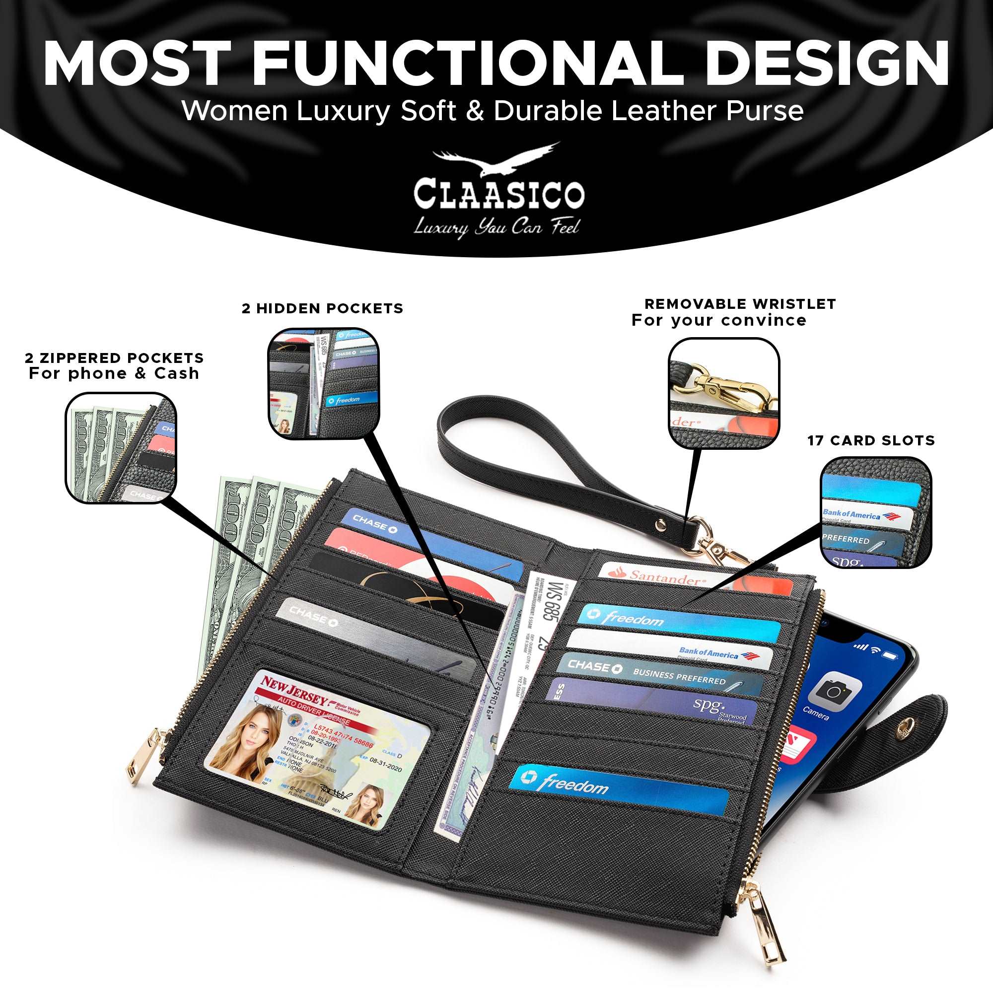 Women’s RFID wristlet wallet phone holder