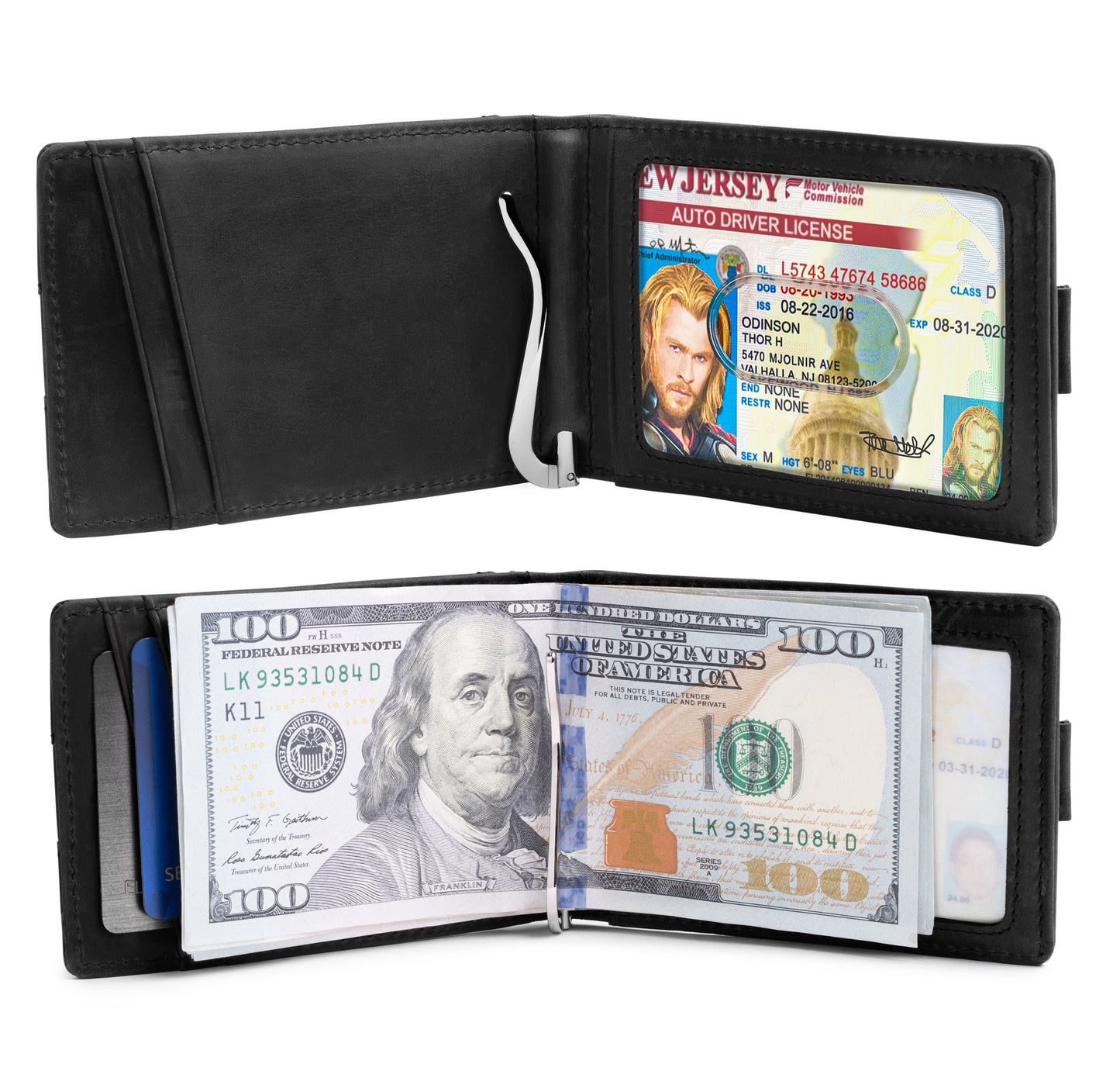 Small bifold leather money clip wallet with pull strap