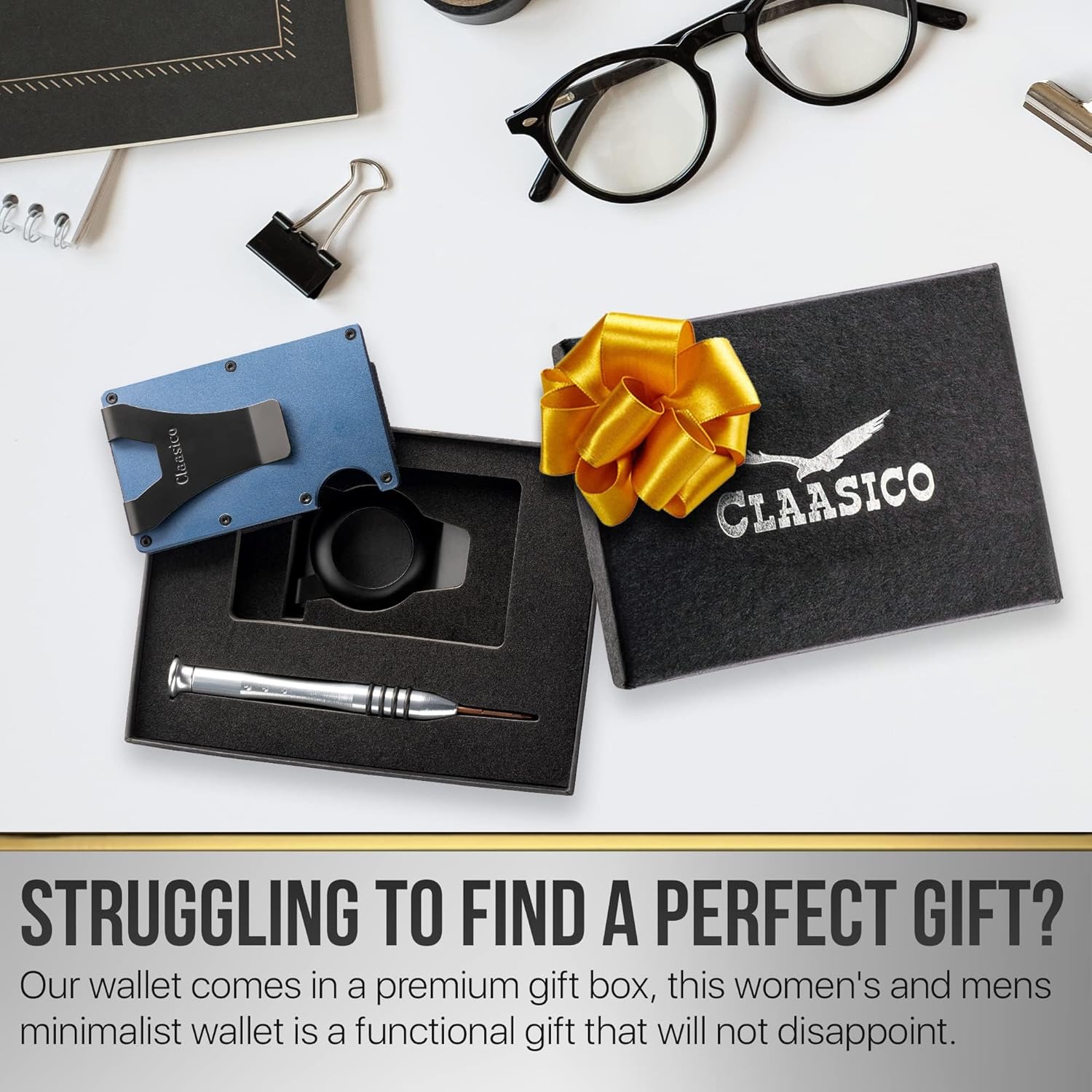 Claasico Slim Metal Wallet & Money Clip with Expandable Elastic Strap | Compatible with Apple AirTag