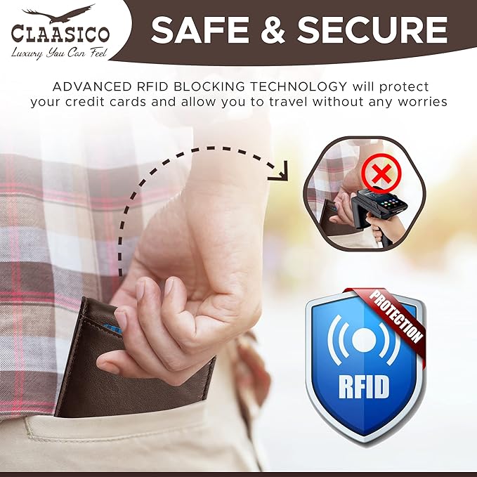 Small bifold leather money clip wallet with pull strap