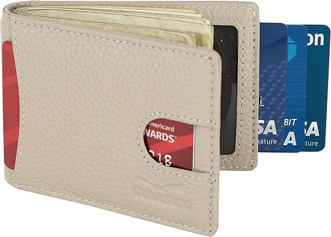 Small bifold leather money clip wallet with pull strap