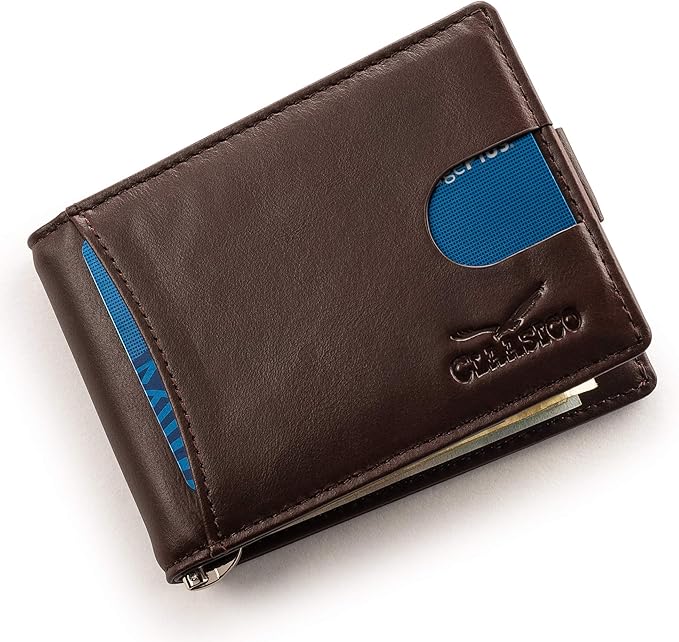 Small bifold leather money clip wallet with pull strap