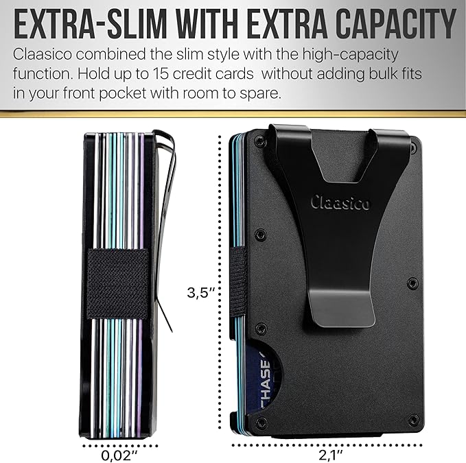 Claasico Slim Metal Wallet & Money Clip with Expandable Elastic Strap | Compatible with Apple AirTag