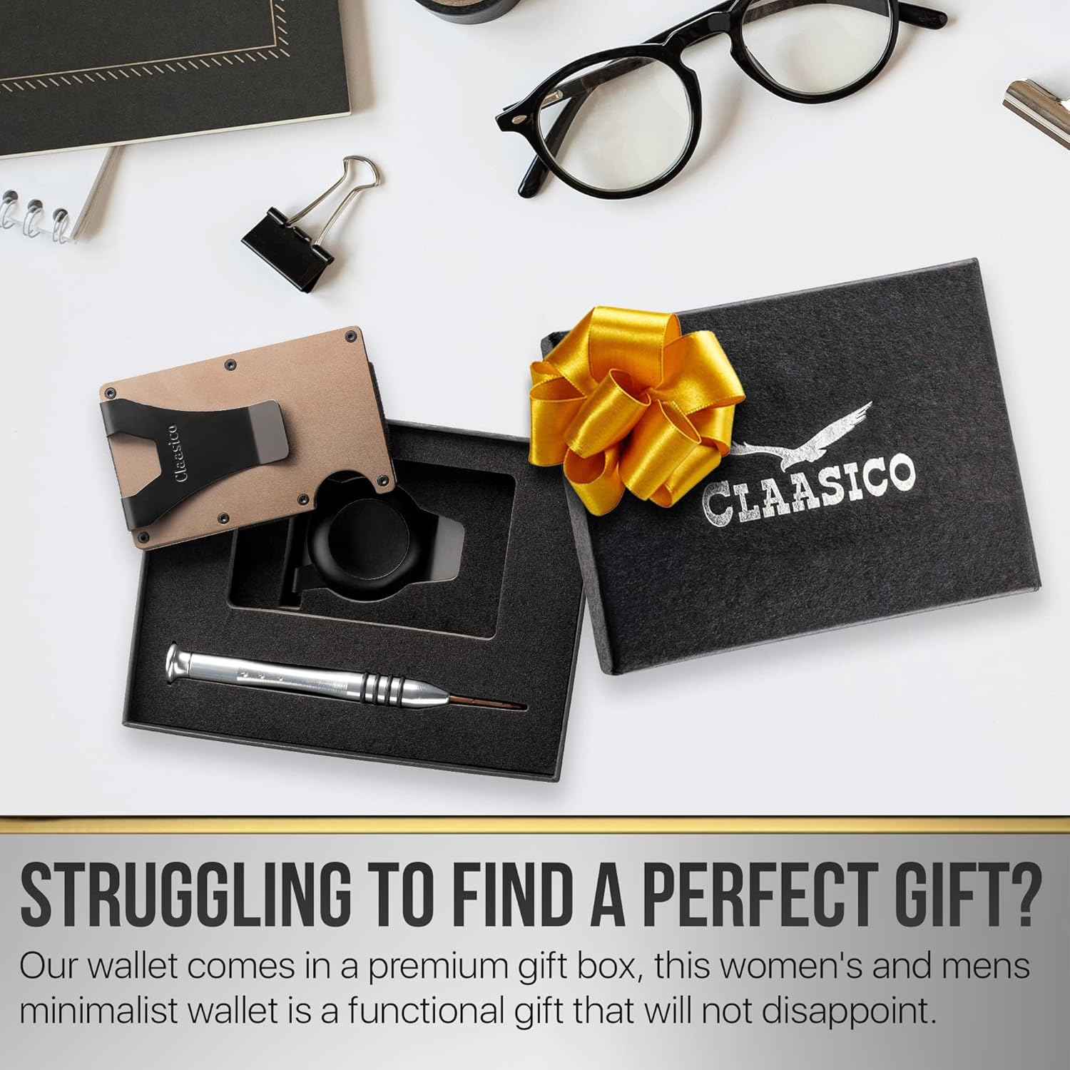 Claasico Slim Metal Wallet & Money Clip with Expandable Elastic Strap | Compatible with Apple AirTag