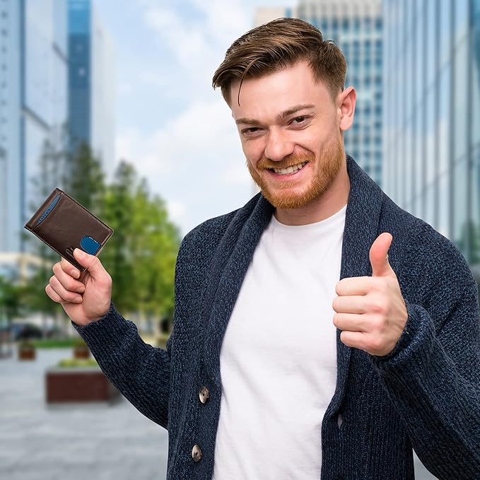 Small bifold leather money clip wallet with pull strap