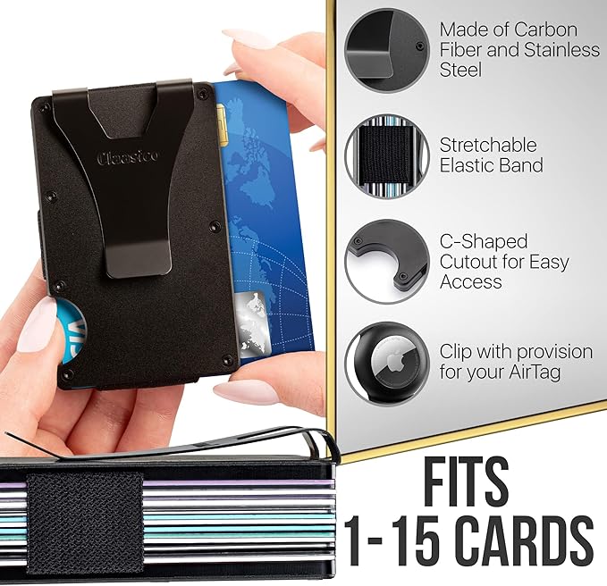 Claasico Slim Metal Wallet & Money Clip with Expandable Elastic Strap | Compatible with Apple AirTag