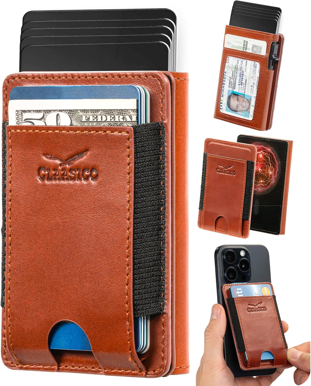 Claasico MagSafe Wallet for Men | Slim RFID Blocking Leather Card Holder with Pop-Up Mechanism