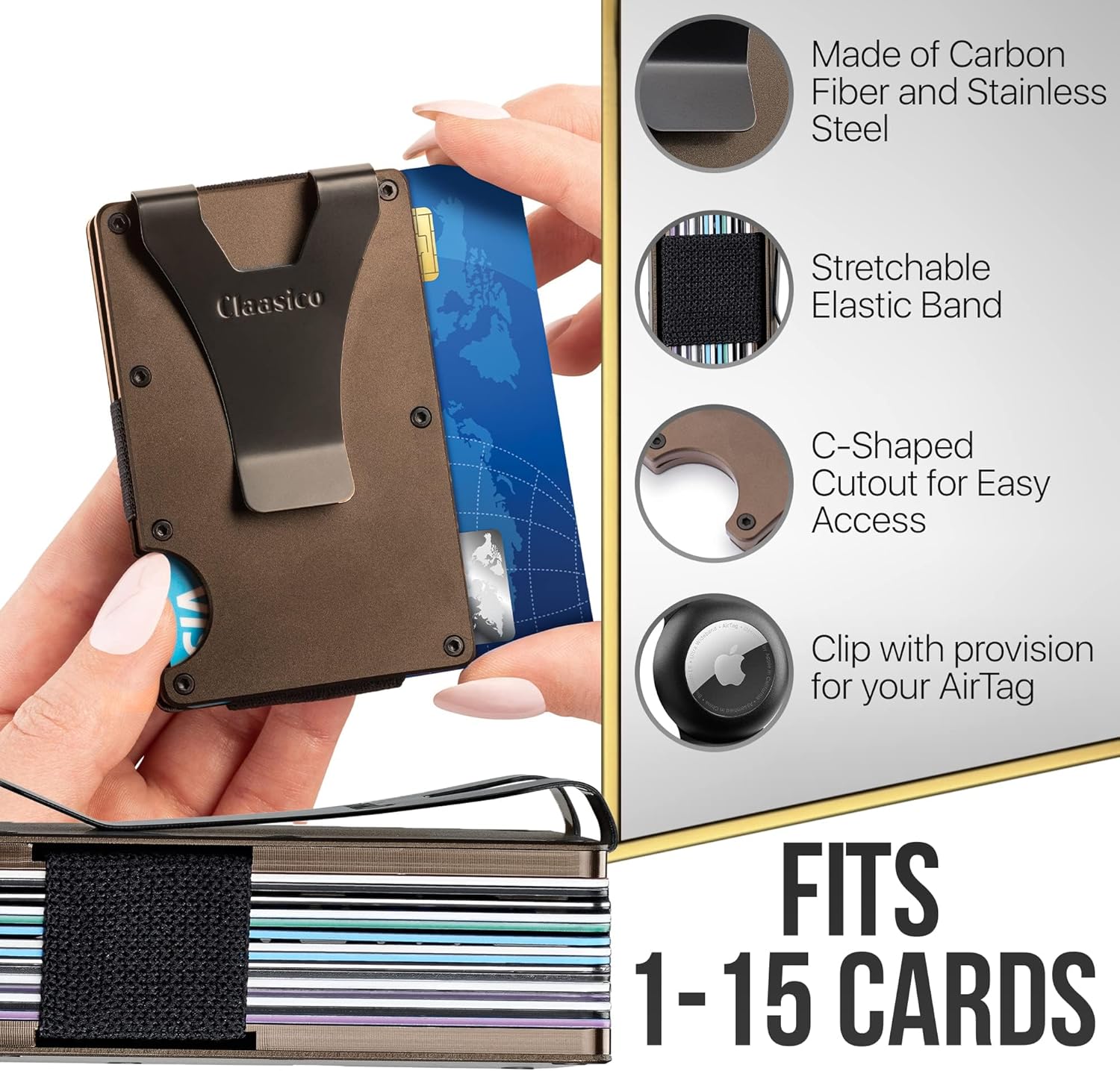 Claasico Slim Metal Wallet & Money Clip with Expandable Elastic Strap | Compatible with Apple AirTag