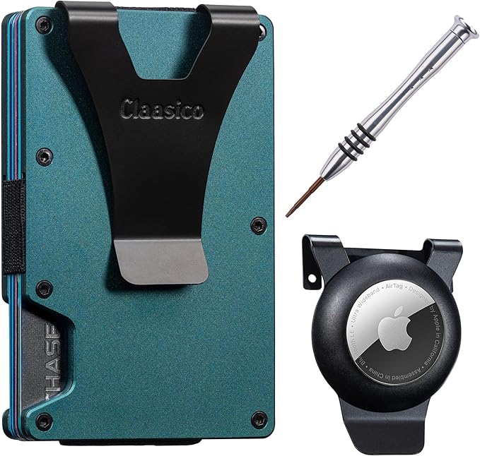 Claasico Slim Metal Wallet & Money Clip with Expandable Elastic Strap | Compatible with Apple AirTag