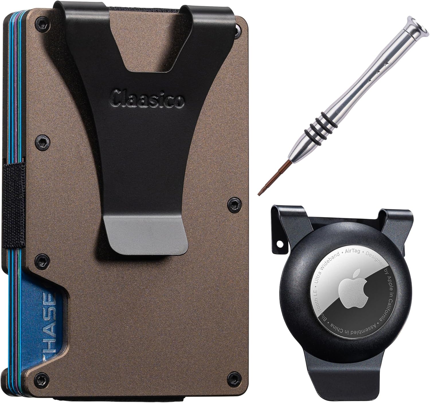 Claasico Slim Metal Wallet & Money Clip with Expandable Elastic Strap | Compatible with Apple AirTag