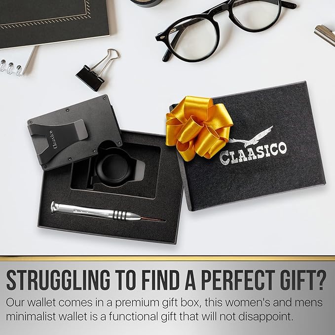 Claasico Slim Metal Wallet & Money Clip with Expandable Elastic Strap | Compatible with Apple AirTag