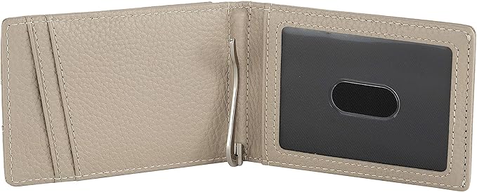 Small bifold leather money clip wallet with pull strap