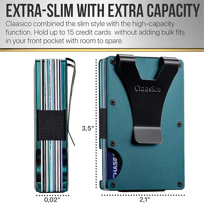 Claasico Slim Metal Wallet & Money Clip with Expandable Elastic Strap | Compatible with Apple AirTag