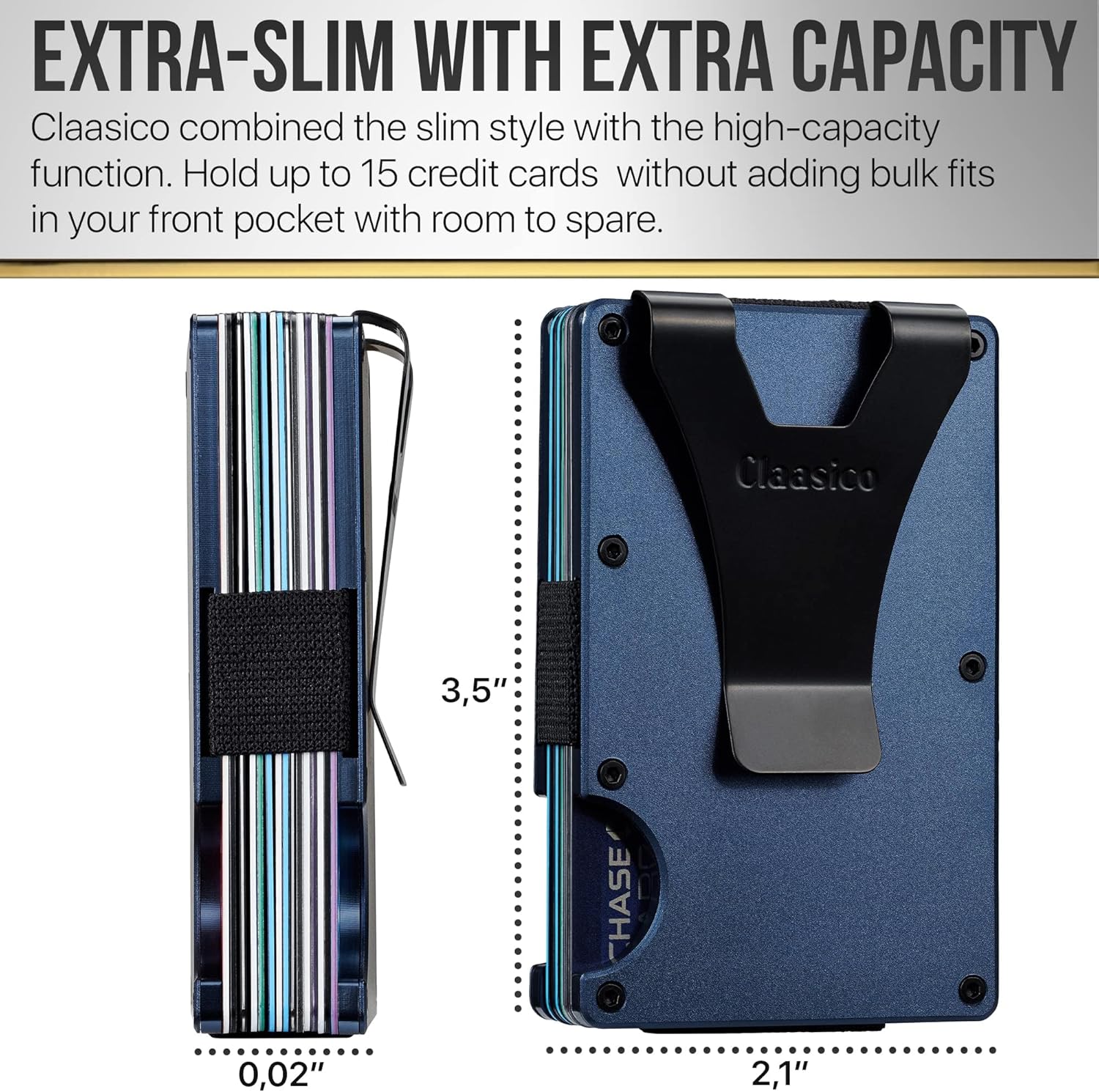 Claasico Slim Metal Wallet & Money Clip with Expandable Elastic Strap | Compatible with Apple AirTag