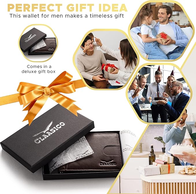 Small Bifold Leather Money Clip Wallet with Pull Strap - Coffee