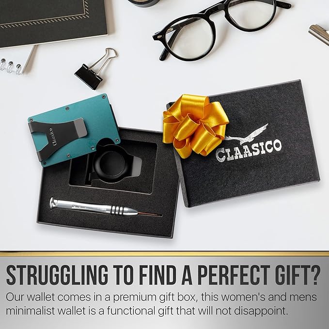 Claasico Slim Metal Wallet & Money Clip with Expandable Elastic Strap | Compatible with Apple AirTag