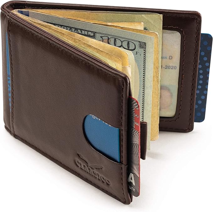 Small bifold leather money clip wallet with pull strap