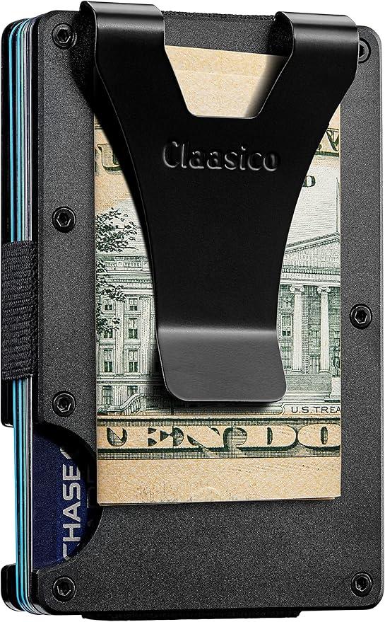 Claasico Slim Metal Wallet & Money Clip with Expandable Elastic Strap | Compatible with Apple AirTag