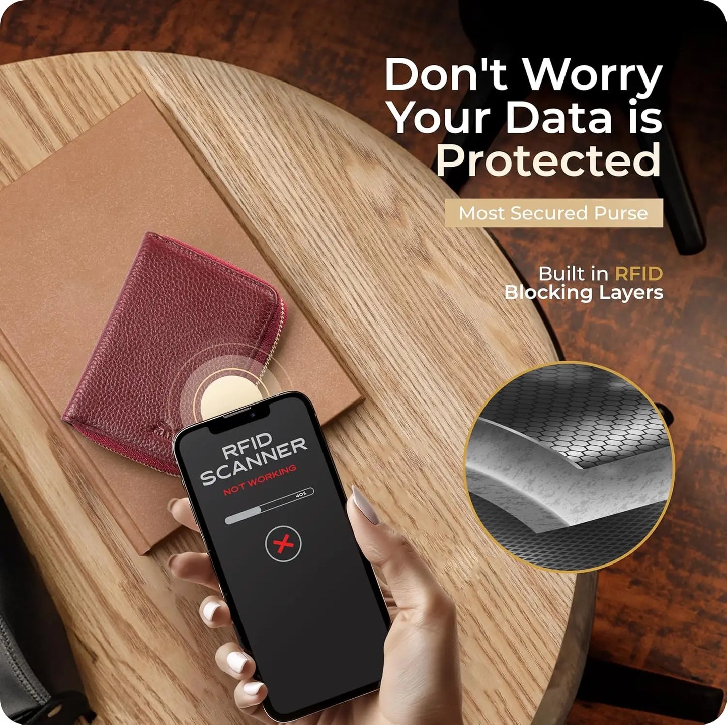 Ultra Slim Ladies Genuine Leather Bifold Zipper Wallet - Maroon