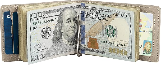 Small bifold leather money clip wallet with pull strap