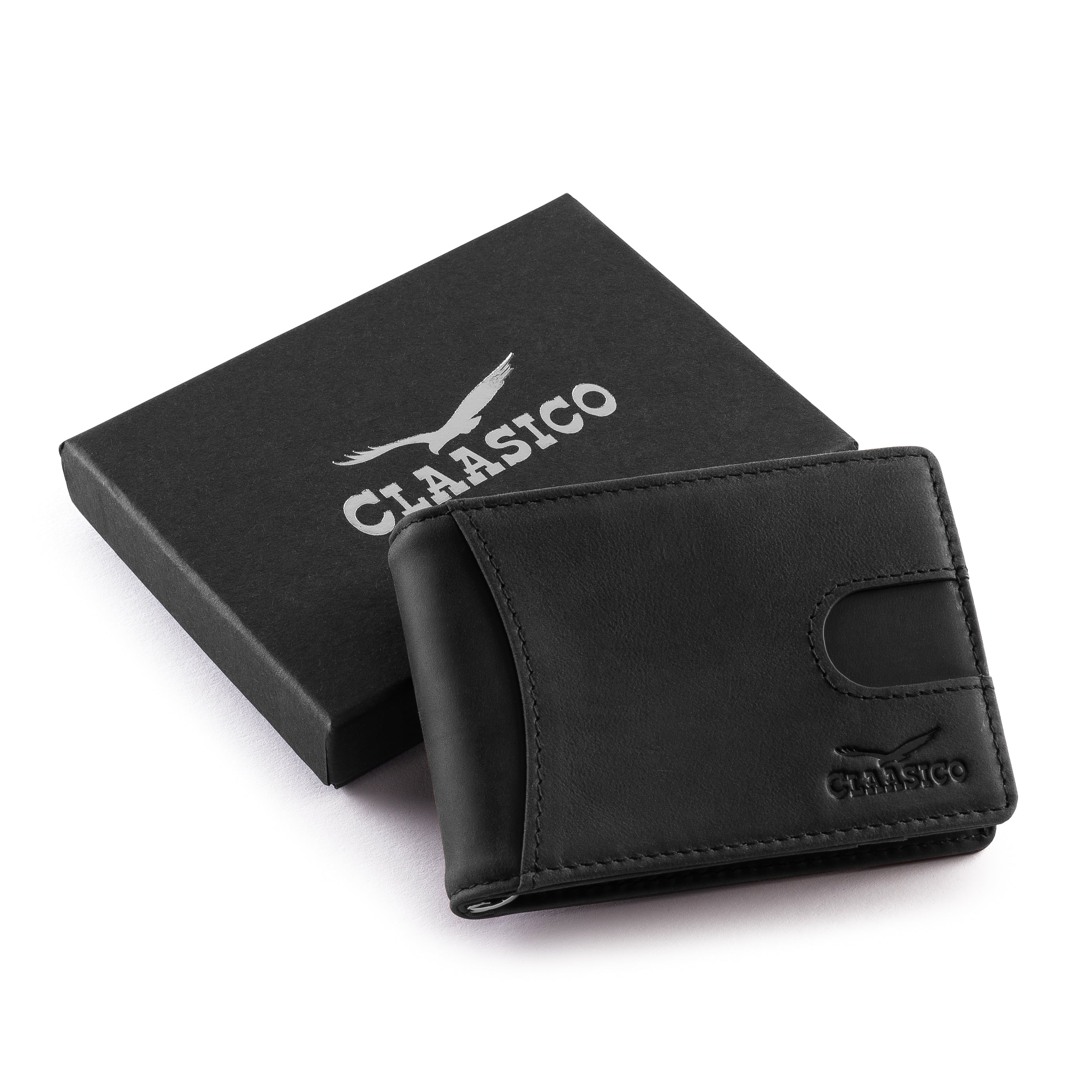 Small bifold leather money clip wallet with pull strap