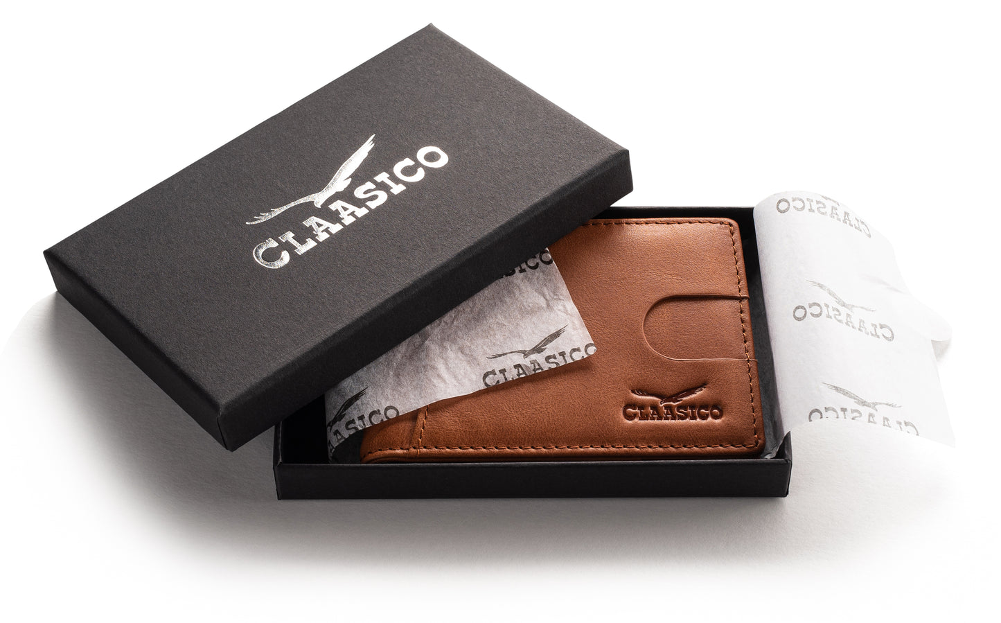 Small bifold leather money clip wallet with pull strap