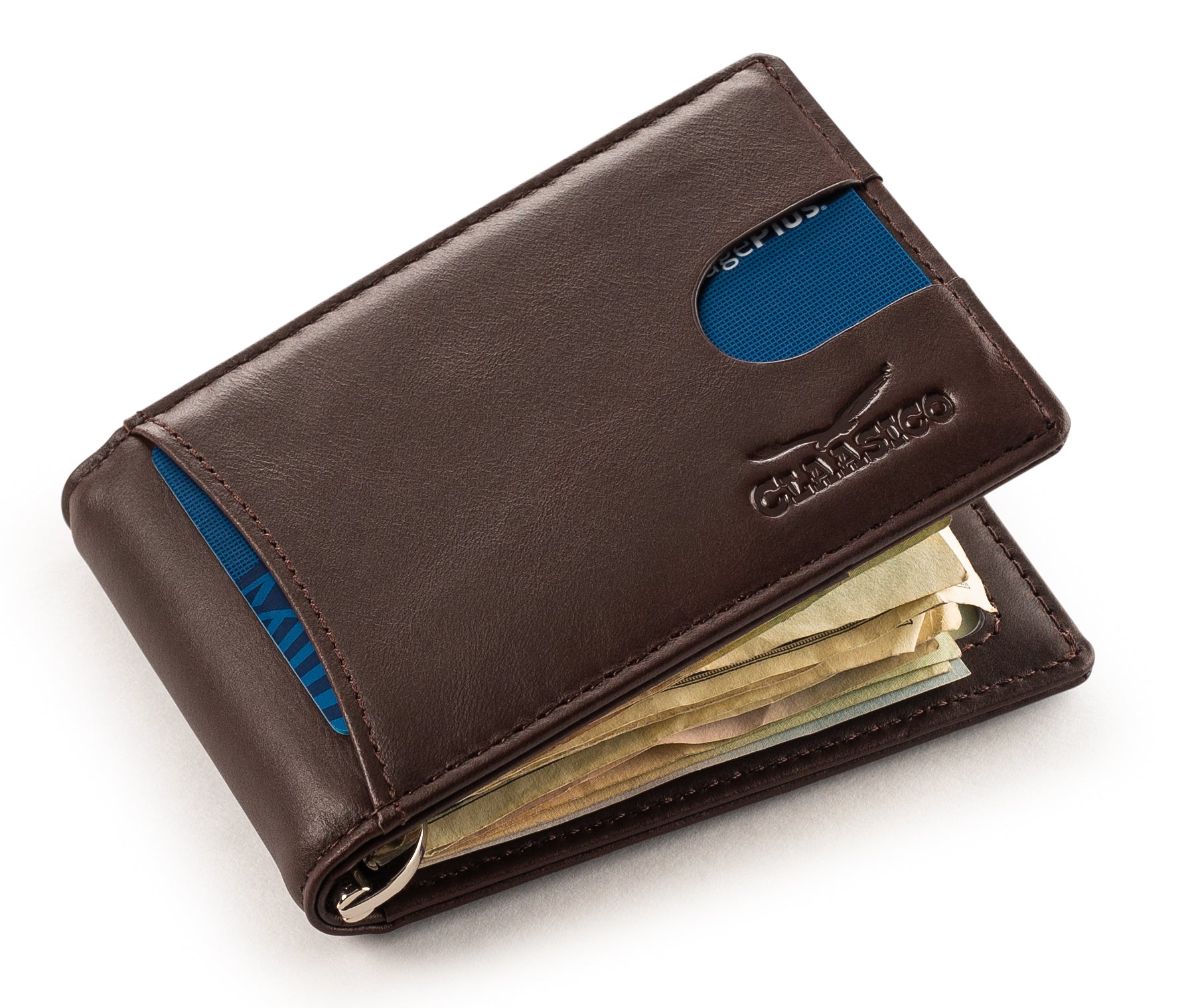Small bifold leather money clip wallet with pull strap