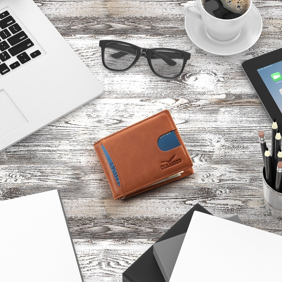 Small bifold leather money clip wallet with pull strap