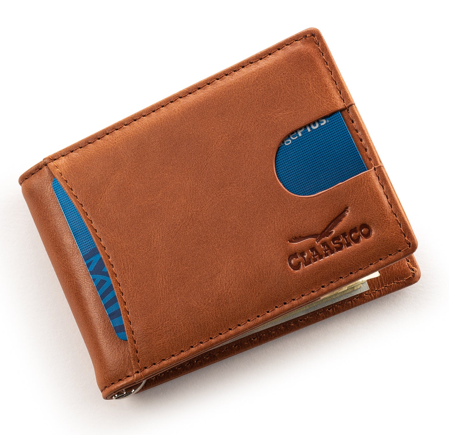 Small bifold leather money clip wallet with pull strap