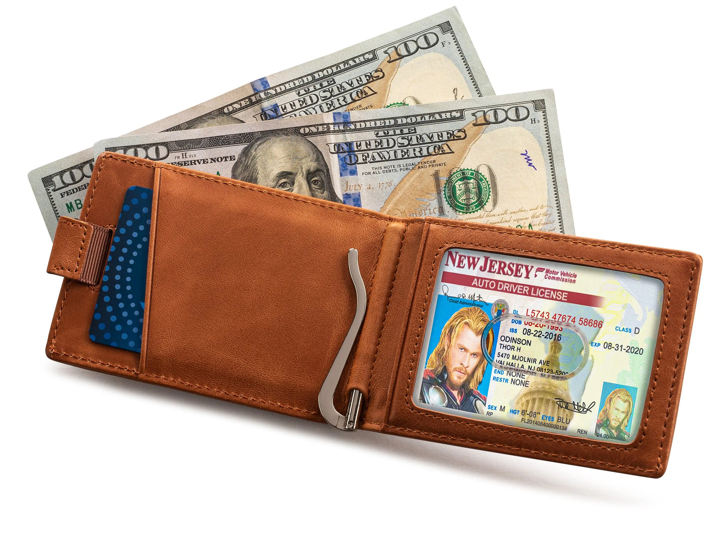 Small Bifold Leather Money Clip Wallet with Pull Strap - California Dessert