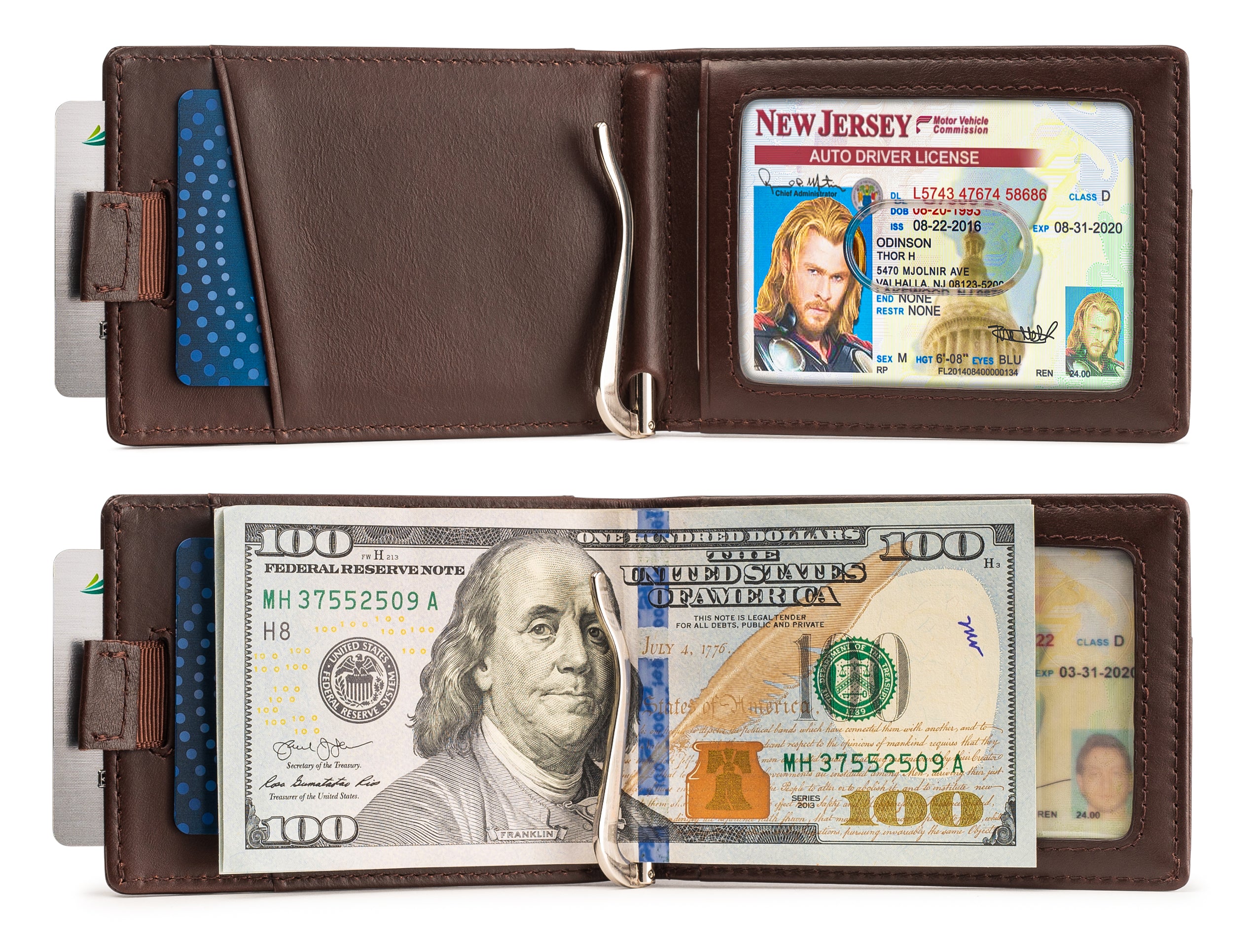 Small bifold leather money clip wallet with pull strap