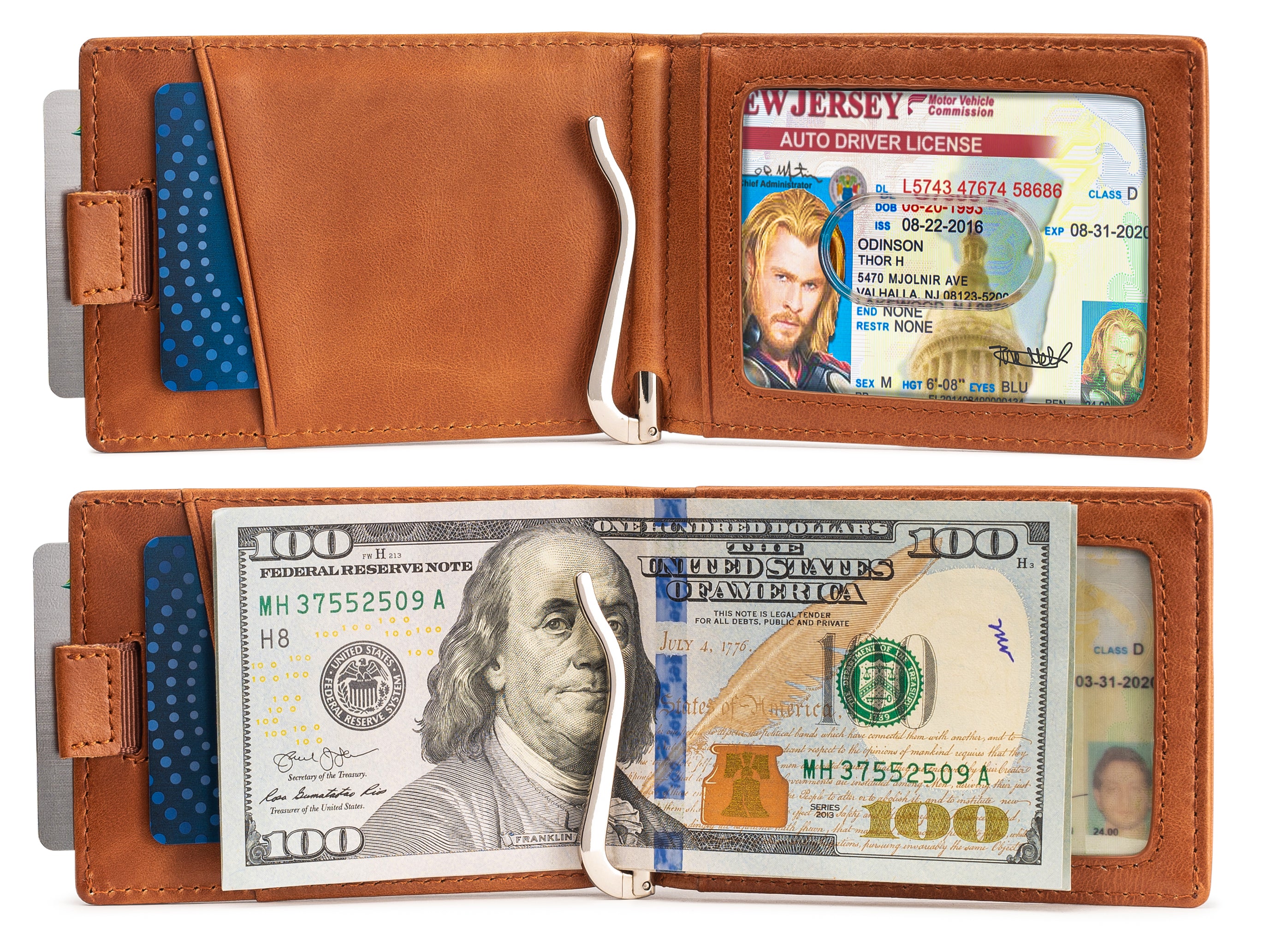 Small bifold leather money clip wallet with pull strap