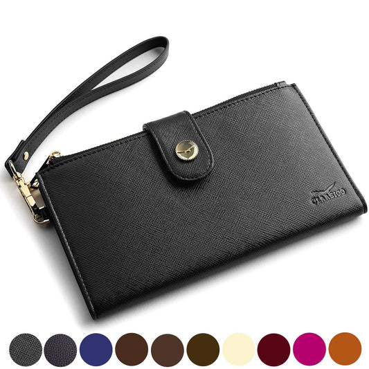 Women’s RFID Wristlet Wallet Phone Holder - Black Saffiano Grain