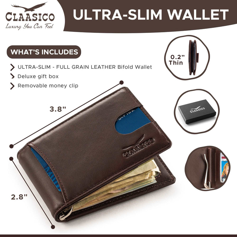 Small bifold leather money clip wallet with pull strap