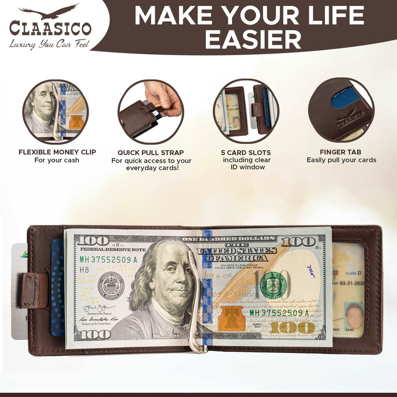 Small bifold leather money clip wallet with pull strap