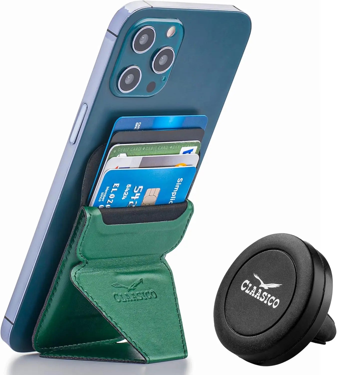 Cell Phone Wallet with Magnetic Phone Stand - Dark Green