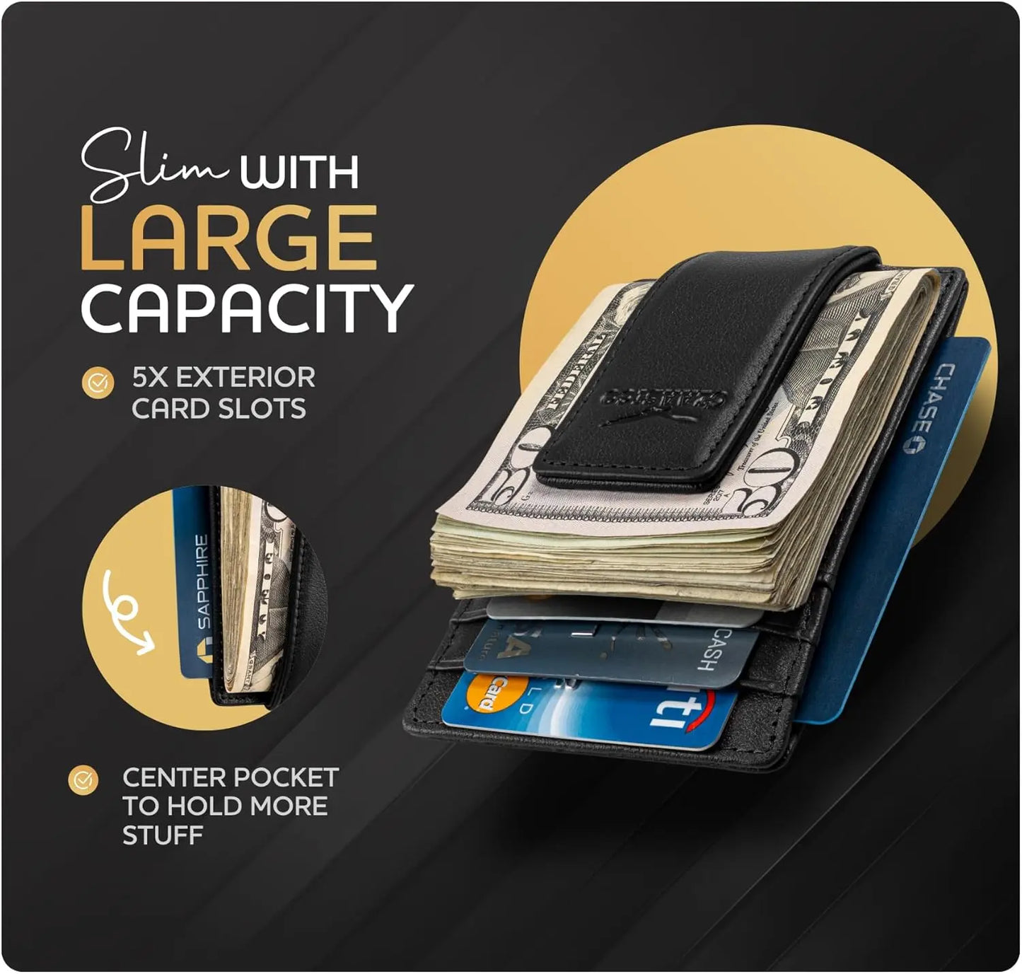 Money Clip Leather Wallet For Men - Black Tumbled Leather