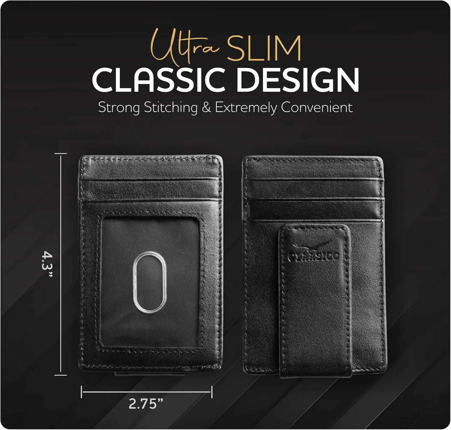 Money Clip Leather Wallet For Men - Black Smooth Leather