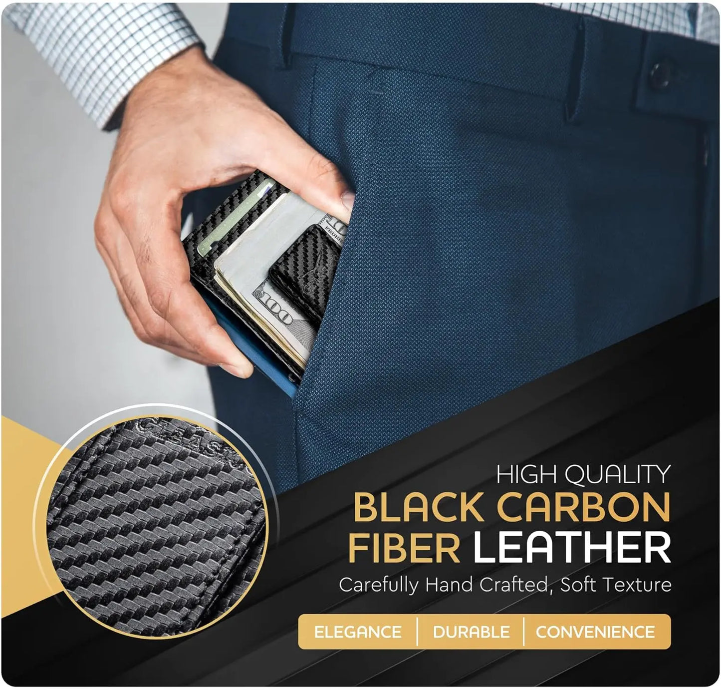 Money Clip Leather Wallet For Men - Carbon Black