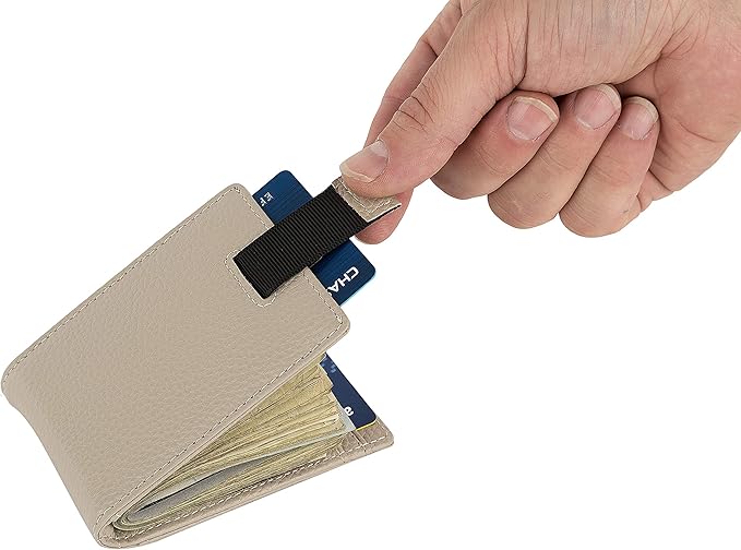 Small bifold leather money clip wallet with pull strap