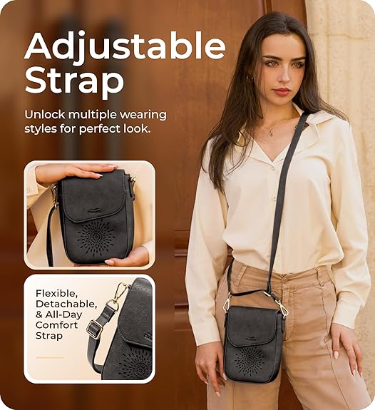 RFID Phone Purse Crossbody Bag for Women - Vintage Black Pattern