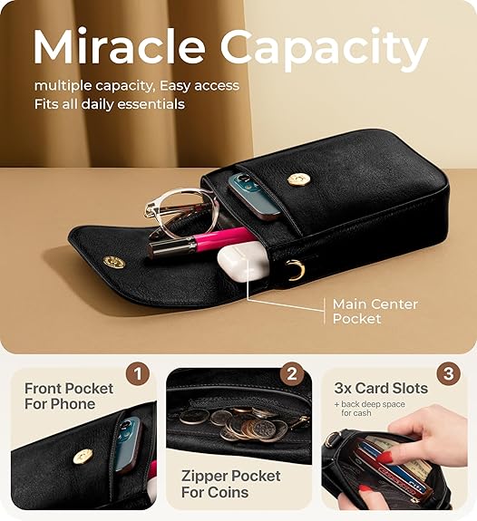 RFID Phone Purse Crossbody Bag for Women - Vintage Black Solid