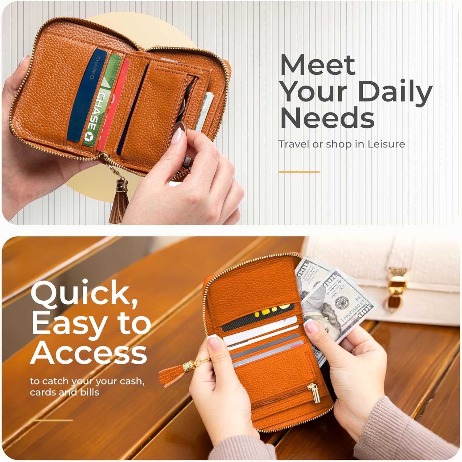 Ultra Slim Ladies Genuine Leather Bifold zipper wallet