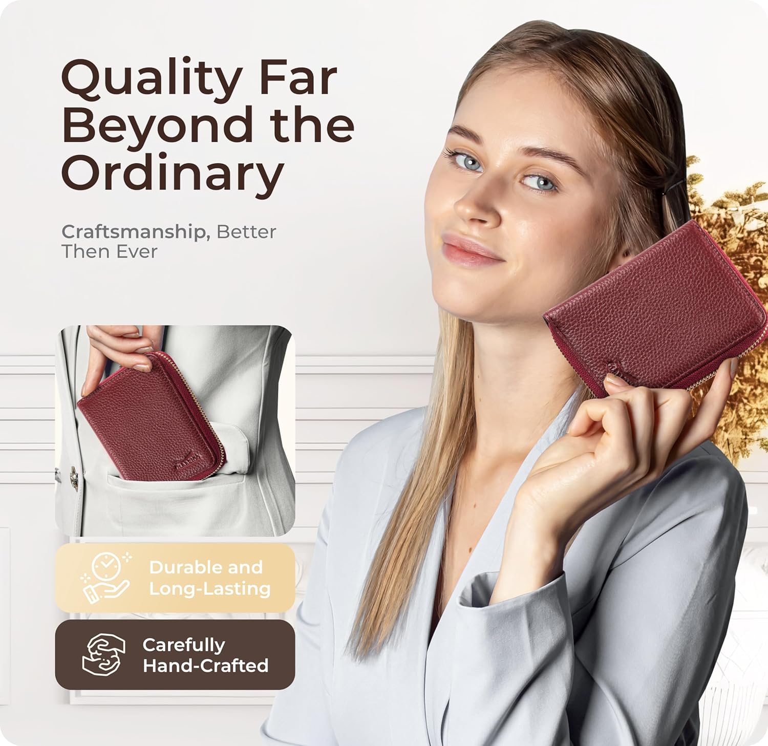 Ultra Slim Ladies Genuine Leather Bifold zipper wallet