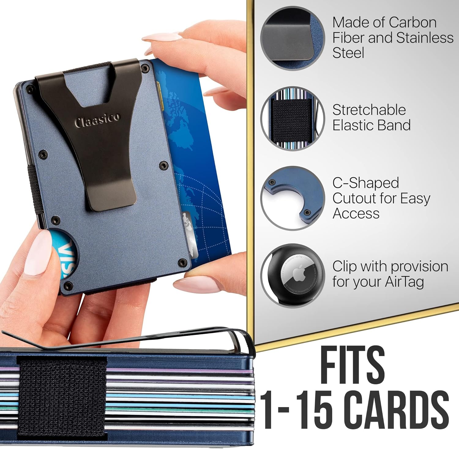 Claasico Slim Metal Wallet &amp; Money Clip with Expandable Elastic Strap | Compatible with Apple AirTag