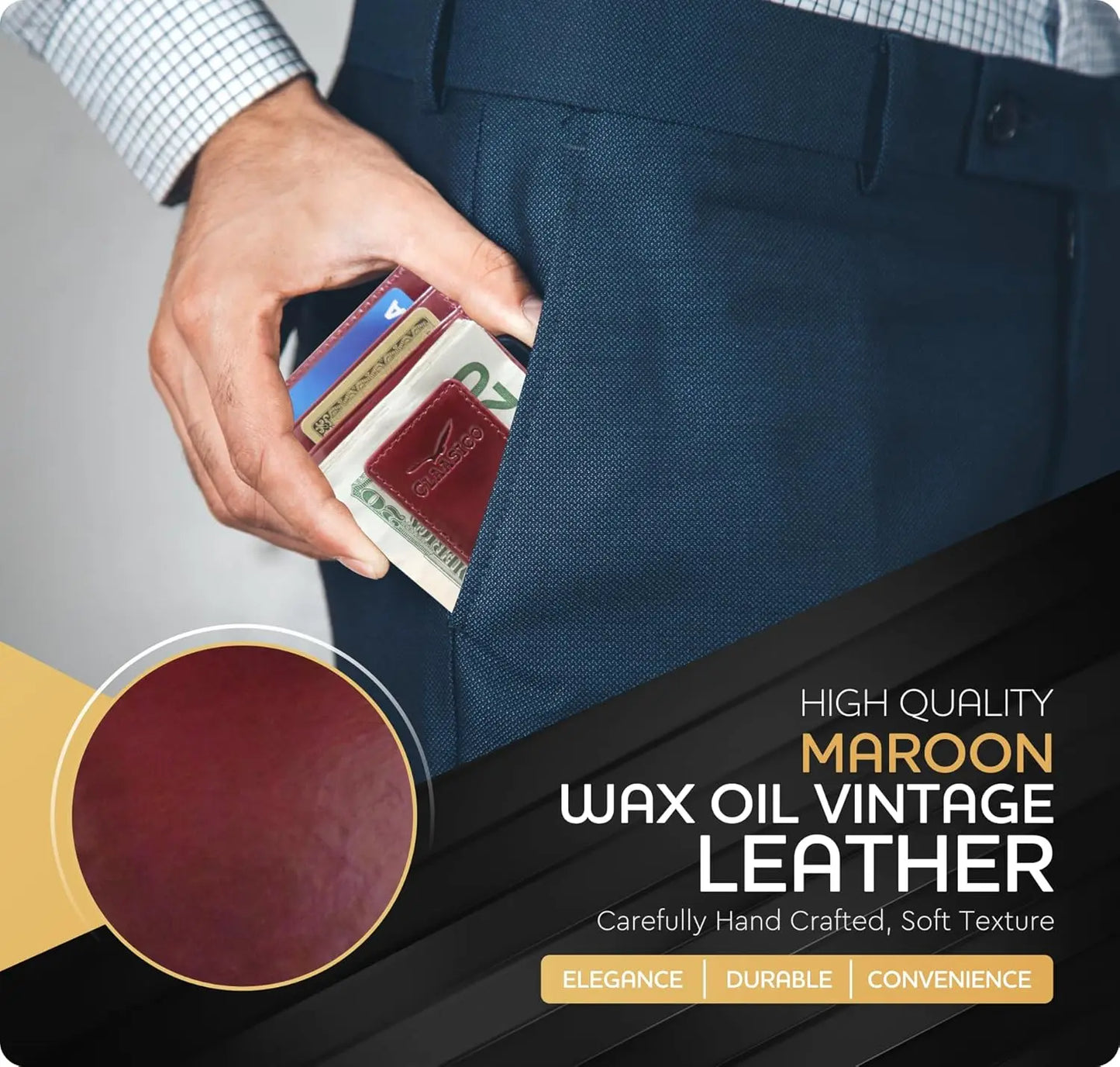 Money Clip Leather Wallet For Men - Maroon