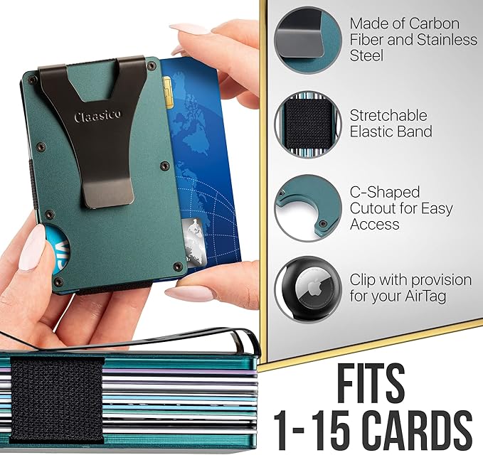 Claasico Slim Metal Wallet &amp; Money Clip with Expandable Elastic Strap | Compatible with Apple AirTag