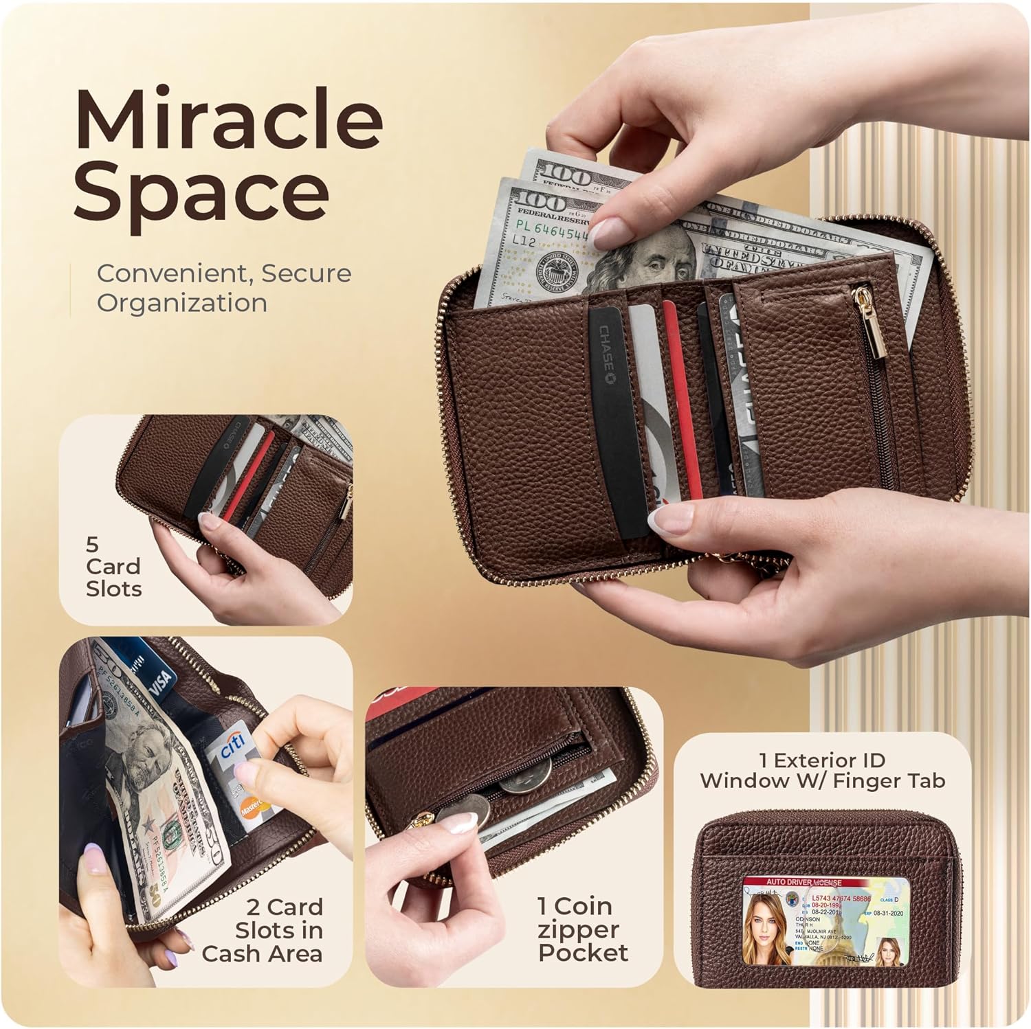 Ultra Slim Ladies Genuine Leather Bifold zipper wallet