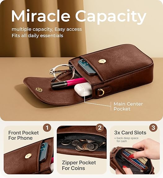 RFID Phone Purse Crossbody Bag for Women - Vintage Coffee Solid