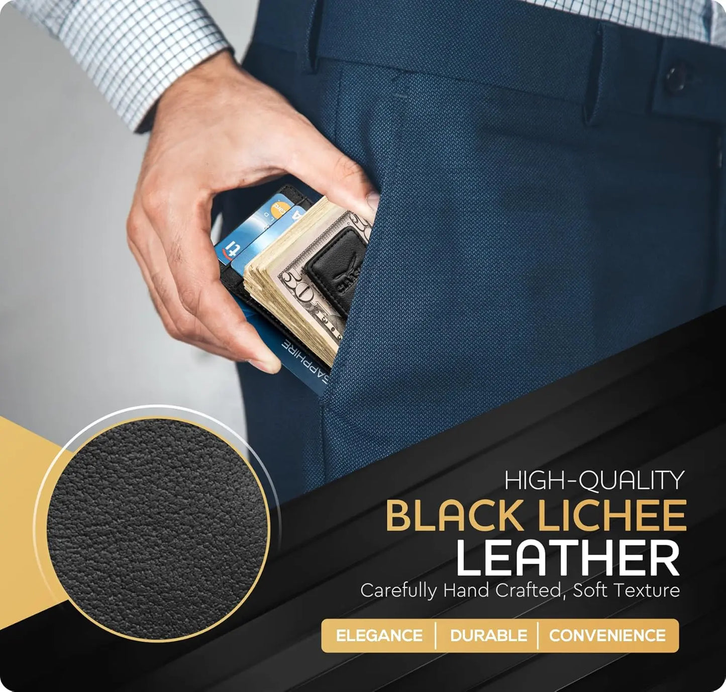Money Clip Leather Wallet For Men - Black Tumbled Leather